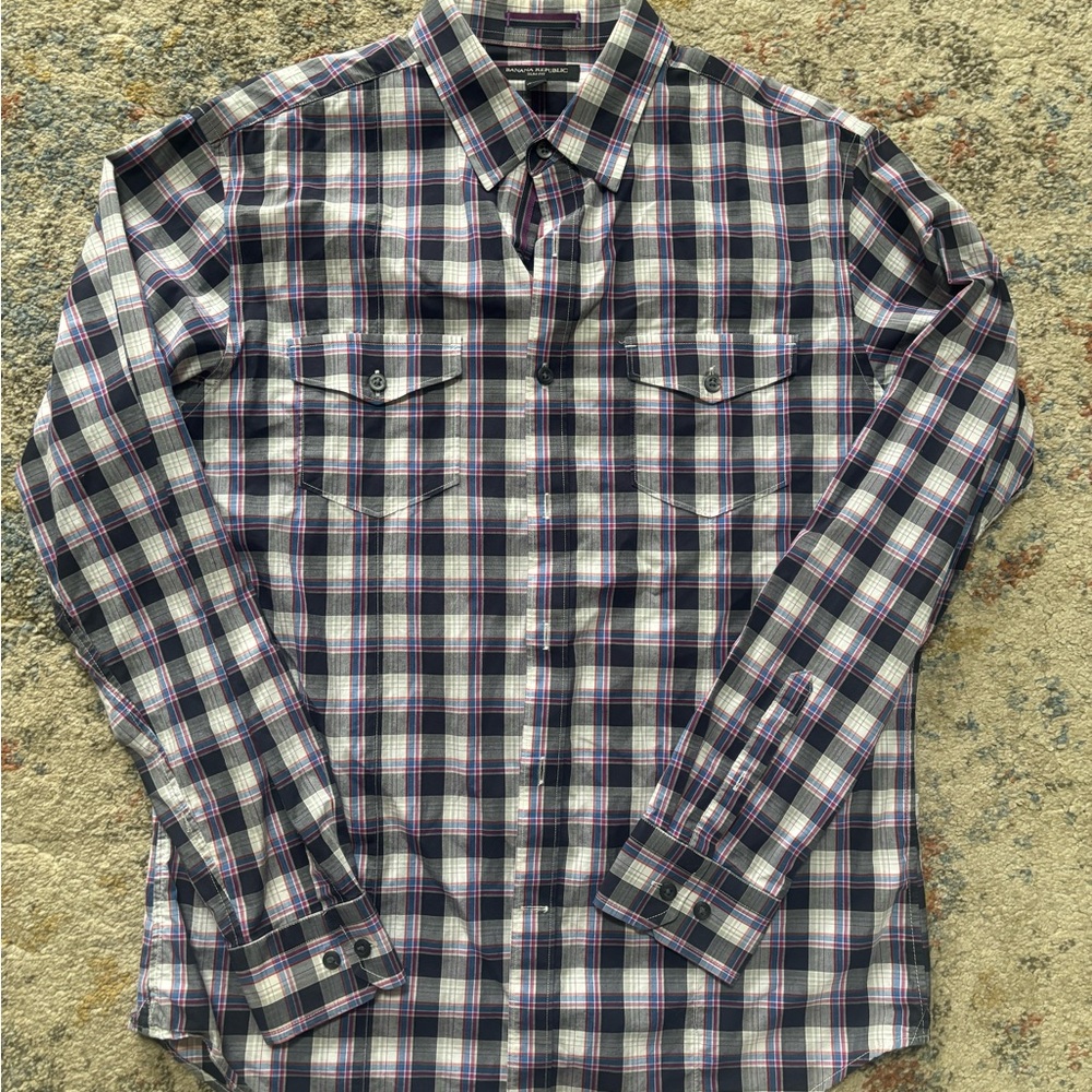 Banana Republic Men's Checkered Shirt - Purple and White